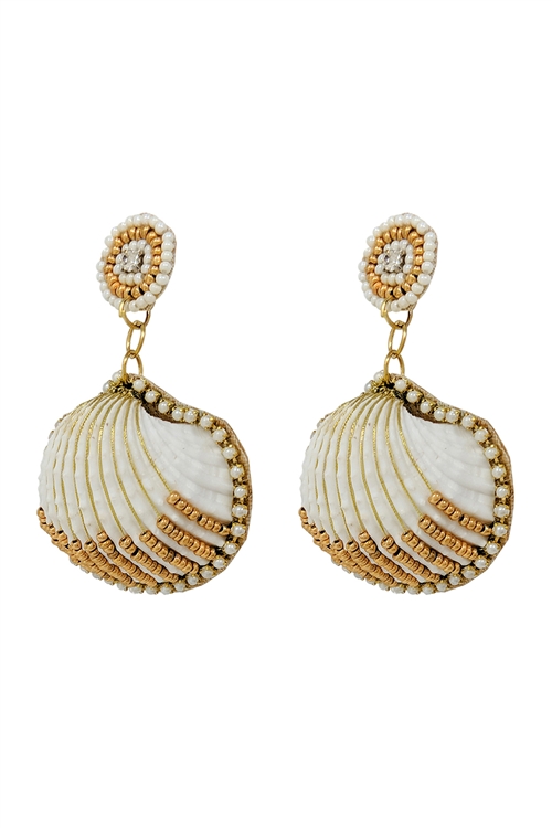 S5-6-2-AE4388-IVMT - FANCY SEA SHELL SEED BEAD W/ PEARL DANGLE POST EARRINGS - IVORY MULTI/3PCS