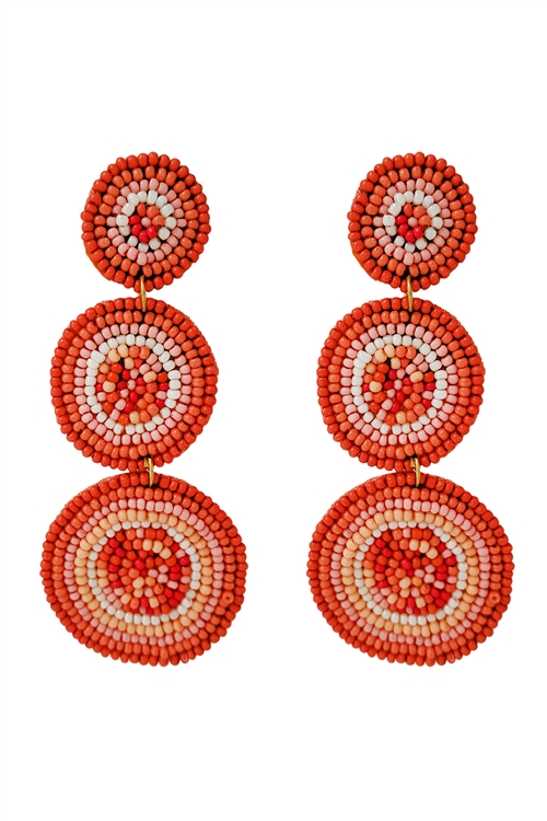 S5-6-2-AE4454-COMT - 3 ROUND SEED BEED  DROP POST LINK EARRINGS- CORAL/3PCS