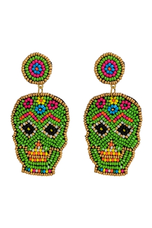 S24-3-5-AE4465-GRMT - (HALLOWEEN) SUGAR SKULL SEED BEAD PATTERN DANGLE POST EARRINGS - GREEN  MULTI/1PC