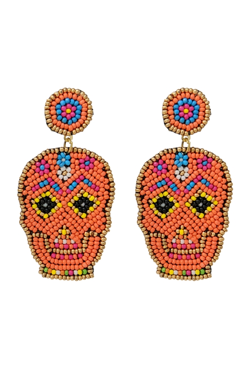 S5-6-2-AE4465-ORMT - (HALLOWEEN) SUGAR SKULL SEED BEAD PATTERN DANGLE POST EARRINGS - ORANGE MULTI/1PC