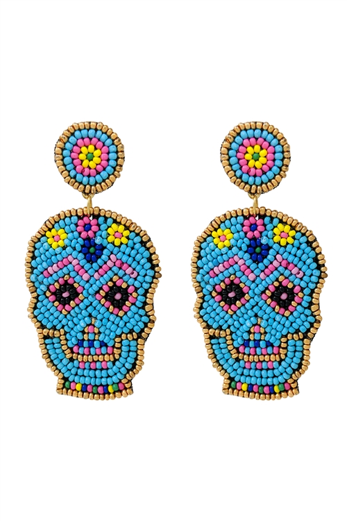 S5-6-2-AE4465-TQMT - (HALLOWEEN) SUGAR SKULL SEED BEAD PATTERN DANGLE POST EARRINGS - TURQUOISE MULTI/1PC