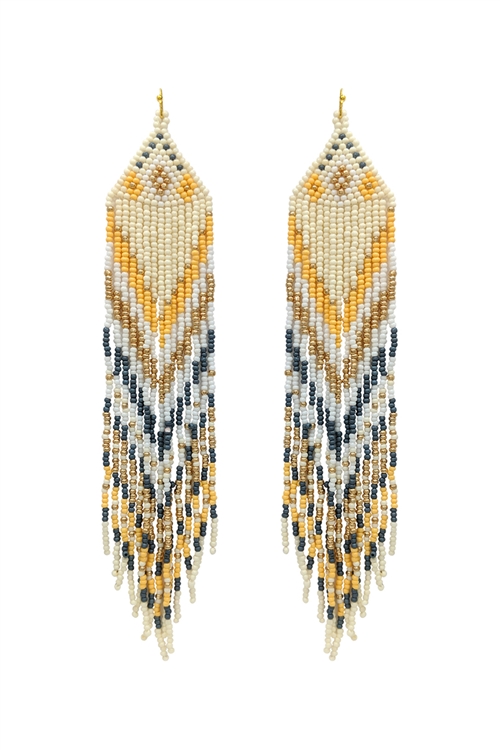 SA4-2-3-AE4519-IVMT - WESTERN STYLE AZTEC SEED BEAD FRINGE DROP EARRINGS-IVORY/1PC