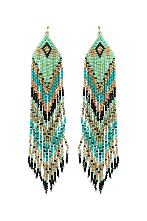 SA4-2-3-AE4519-MIMT - WESTERN STYLE AZTEC SEED BEAD FRINGE DROP EARRINGS-MINT/1PC