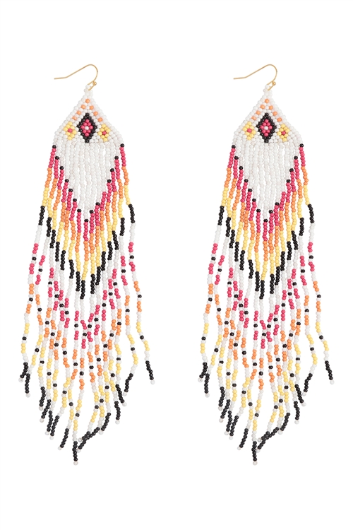 SA4-1-3-AE4519-WTMT - WESTERN STYLE AZTEC SEED BEAD FRINGE DROP EARRINGS-WHITE/1PC