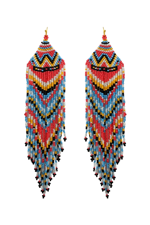 S1-6-4-AE4561-MT1 - WESTERN STYLE AZTEC SEED BEAD FRINGE DROP EARRINGS-MULTICOLOR 1/1PC