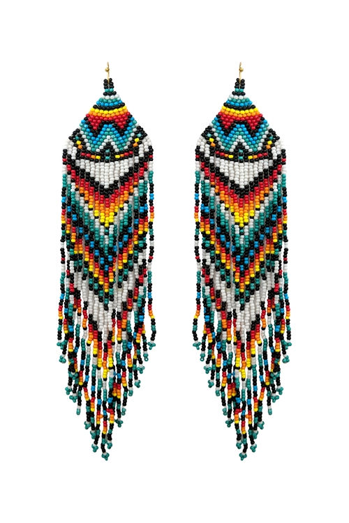 S1-6-4-AE4561-TQMT - WESTERN STYLE AZTEC SEED BEAD FRINGE DROP EARRINGS-TURQUOISE/1PC