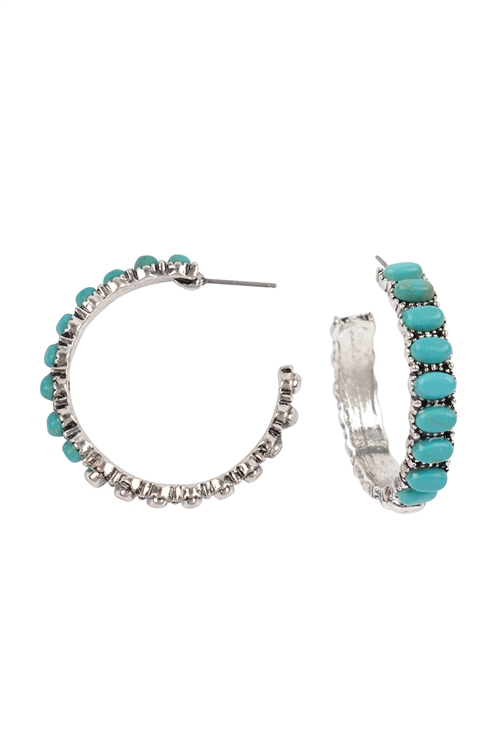 S5-4-4-AE4802-SBTQ - WESTERN CONCHO HOOP EARRINGS-BURNISH SILVER TURQUOISE/1PC