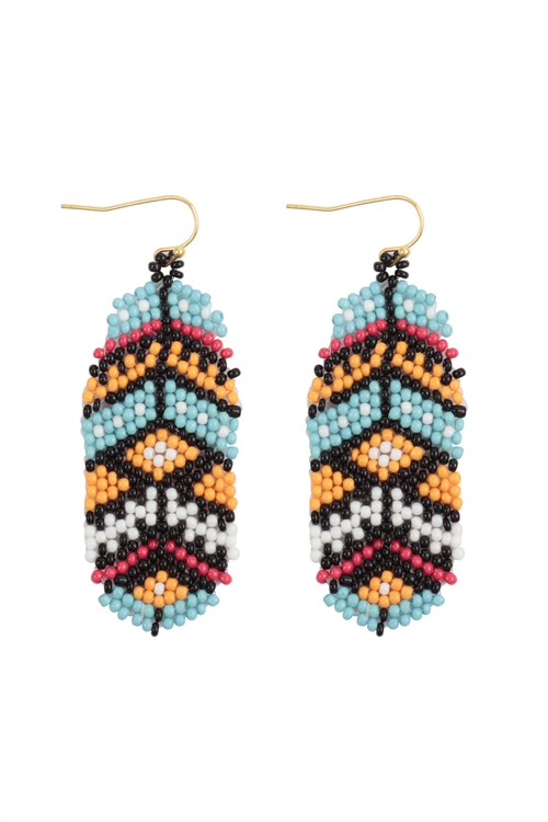 S1-2-5-AE5073-TQMT -  AZTEC WESTERN SEED BEAD OVAL DROP EARRINGS-TURQUOISE MULTICOLOR/1PC