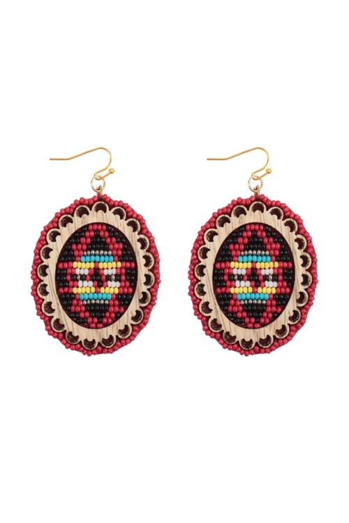 S1-2-5-AE5114-RDMT - ROUND AZTEC WESTERN SEED BEAD DANGLE EARRINGS-RED MULTICOLOR/1PC
