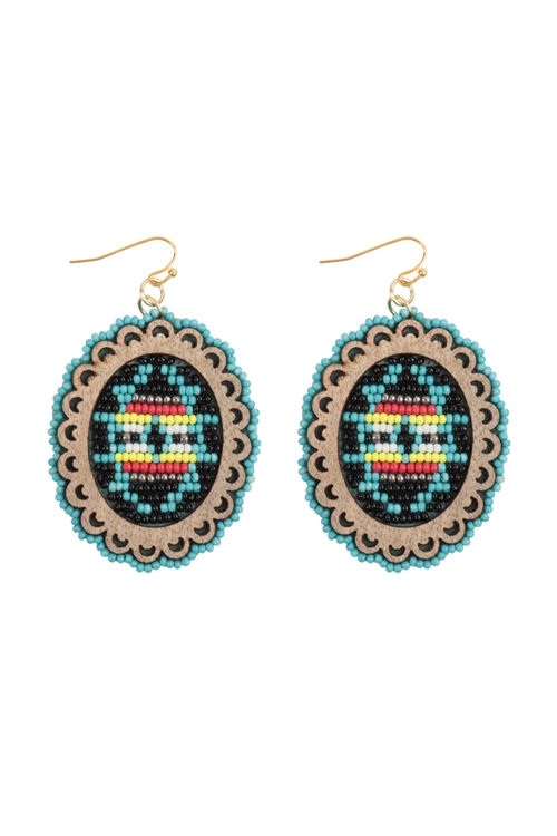 S1-2-5-AE5114-TQMT - ROUND AZTEC WESTERN SEED BEAD DANGLE EARRINGS-TURQUOISE MULTICOLOR/1PC