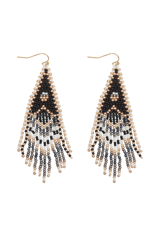 S1-7-4-AE5354-BKMT -  BOHO DIAMOND PATTERN SEED BEAD FRINGE DROP EARRINGS-BLACK MULTICOLOR/1PC