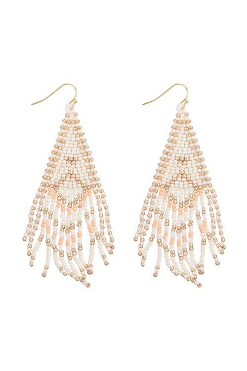 S1-7-4-AE5354-IVMT -  BOHO DIAMOND PATTERN SEED BEAD FRINGE DROP EARRINGSV-IVORY MULTICOLOR/1PC