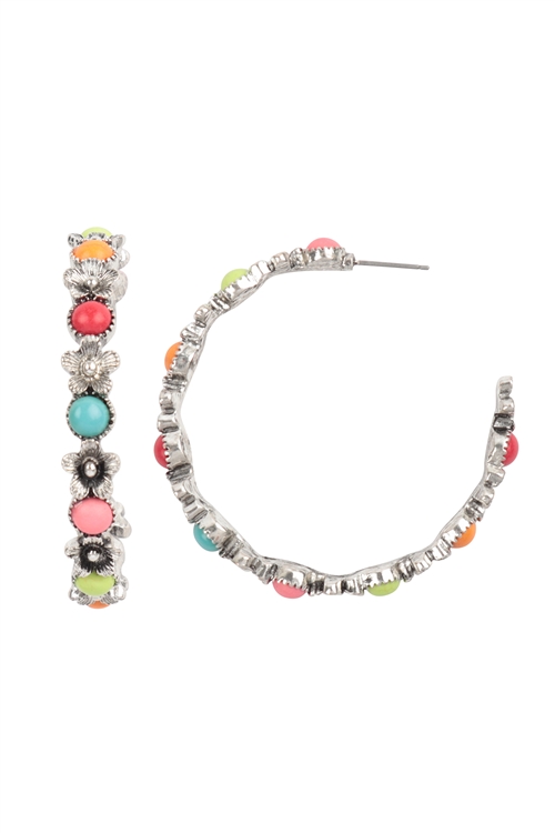 S1-5-1-AE5520-SBMT - FLOWER CAST STONE CONCHO HOOP EARRINGS-SILVER BURNISH MULTICOLOR/1PC