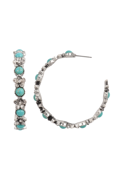 S1-5-1-AE5520-SBTQ - FLOWER CAST STONE CONCHO HOOP EARRINGS-SILVER BURNISH TURQUOISE/1PC