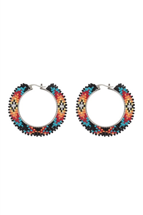 A2-3-5-AE5533-BKMT - BOHO AZTEC PATTERN SEED BEADS HOOP EARRINGS-BLACK MULTICOLOR/1PC