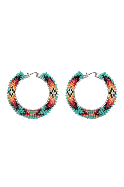 A2-3-5-AE5533-TQMT - BOHO AZTEC PATTERN SEED BEADS HOOP EARRINGS-TURQUOISE MULTICOLOR/1PC