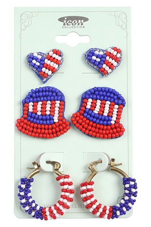 S1-6-1-AE5556-GMT - HEART, HAT 3 PAIR PATRIOT SEED BEAD EARRINGS-USA/1PC