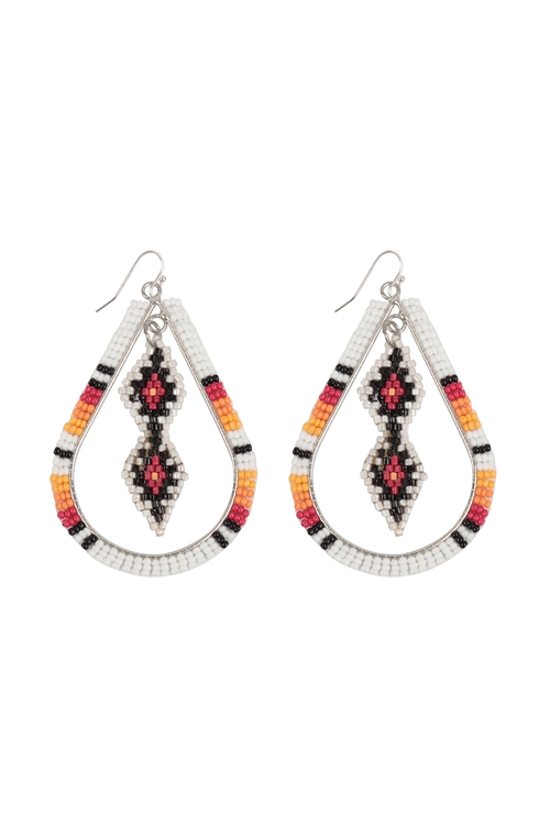 A2-3-5-AE5656-SWT - BOHO  TEARDROP DIAMOND PATTERN SEED BEADS EARRINGS-SILVER WHITE/1PC