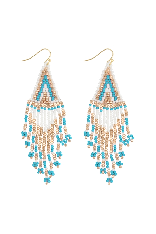 S5-4-4-AE5660-GBL - BOHO SEED BEADS FRINGE DROP EARRINGS-GOLD BLUE/1PC