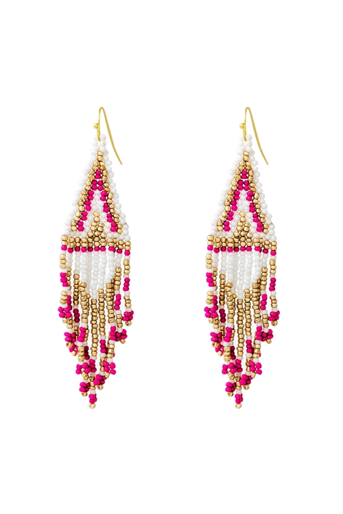 S1-1-3-AE5660-GFU -  BOHO SEED BEADS FRINGE DROP EARRINGS-GOLD FUCHSIA/1PC