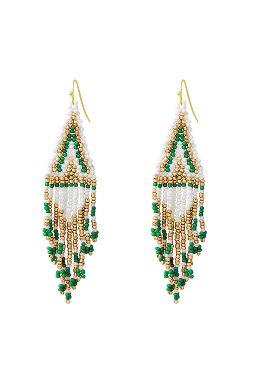 S1-1-3-AE5660-GGR -  BOHO SEED BEADS FRINGE DROP EARRINGS-GOLD GRREEN/1PC