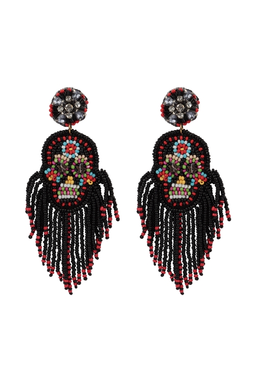 S5-6-5-AE5860-GBK - HALLOWEEN SKULL SEED BEADS FRINGE POST EARRINGS-BLACK/1PC