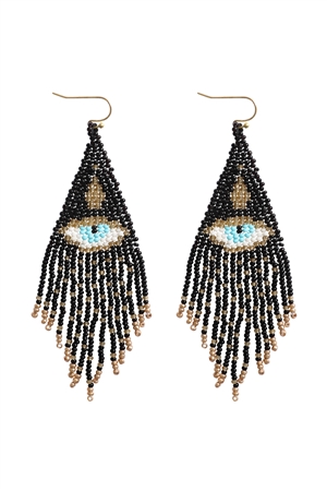 S1-8-2-AE6355-GBK - EVIL EYE SEED BEAD FRINGE HOOK EARRINGS-GOLD BLACK/1PC