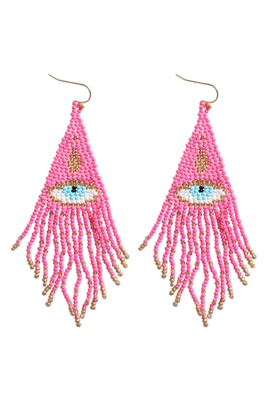 S1-8-2-AE6355-GHP - EVIL EYE SEED BEAD FRINGE HOOK EARRINGS-GOLD HOTPINK/1PC