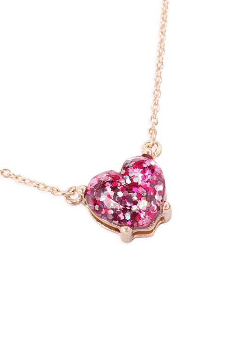 A1-2-4-AN0105FSH- HEART GLITTER EPOXY NECKLACE-FUCHSIA/1PC