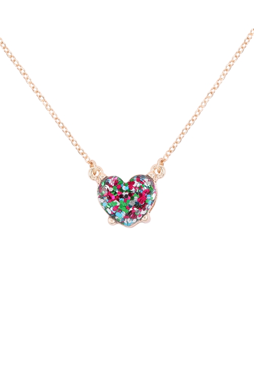 A1-2-4-AN0105MLT- HEART GLITTER EPOXY NECKLACE-MULTICOLOR/1PC