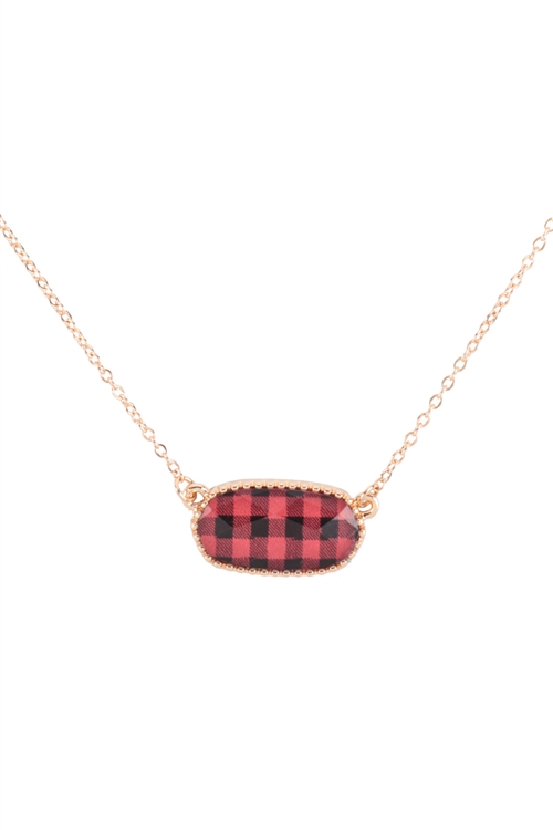 S6-5-4-AN0109CK1 - EPOXY OVAL PENDANT NECKLACE AND EARRING SET - GOLD CHECKERED RED/6PCS
