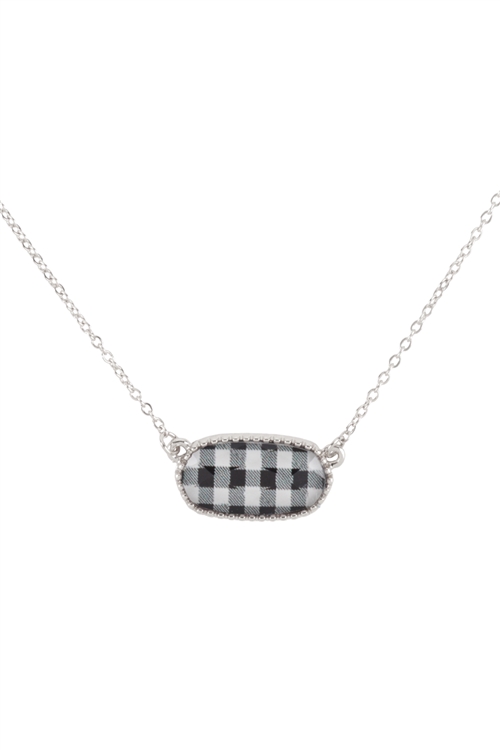 S7-4-1-AN0109RD-CK2 - EPOXY OVAL PENDANT NECKLACE AND EARRING SET - SILVER CHECKERED WHITE/6PCS (NOW $1.25 ONLY!)