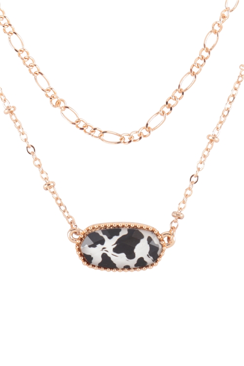 S6-5-4-AN0110COW - OVAL EPOXY CHARM LAYERED NECKLACE -  GOLD COW/6PCS