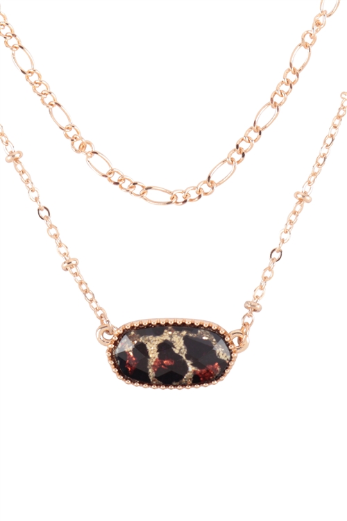 S6-4-1-AN0110GLEO - OVAL EPOXY CHARM LAYERED NECKLACE -  GOLD GLITTER LEOPARD/6PCS