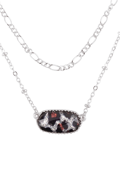 S6-4-1-AN0110RD-GLEO - OVAL EPOXY CHARM LAYERED NECKLACE -  SILVER GLITTER LEOPARD/6PCS