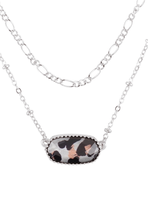 S7-4-1-AN0110RD-LEO - OVAL EPOXY CHARM LAYERED NECKLACE -  SILVER LEOPARD /6PCS