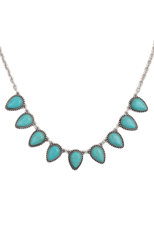 S1-5-1-AN3060-SBTQ - WESTERN CONCHO TEARDROP STATIONARY NECKLACE-BURNISH SILVER TURQUOISE/3PCS