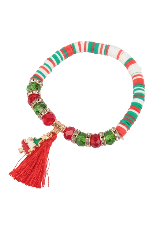 S23-12-3-ANB1937 - CHRISTMAS TASSEL FIMO STRETCH BRACELET-MULTICOLOR/12PCS