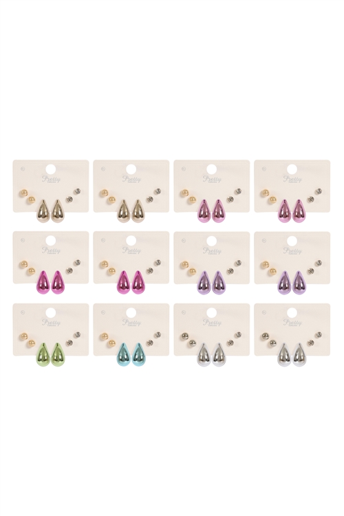 S26-9-4-ANE5866 - 3PAIR CCB PEARL RHINESTONE ASSORTED COLOR EARRINGS-MULTICOLOR/12PCS