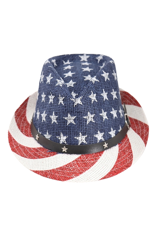 S19-4-1-AO3001WHITE - AMERICAN FLAG ACCENT W/ STAR LEATHER BELT HAT/6PCS