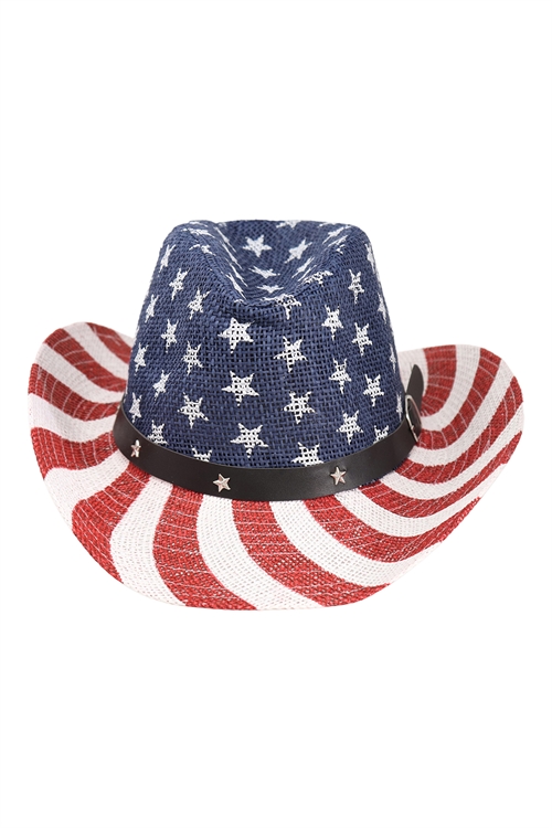 S20-4-1-AO3092WHITE - AMERICAN FLAG ACCENT W/ STAR LEATHER BELT HAT/6PCS