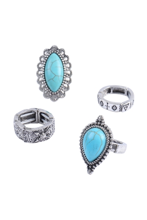 A1-2-2-AR0597SBTQ - WESTERN CONCHO SEMI STONE TEXTURED AZTEC RING SET-BURNISH SILVER TURQUOISE/1PC (NOW $6.50 ONLY!)