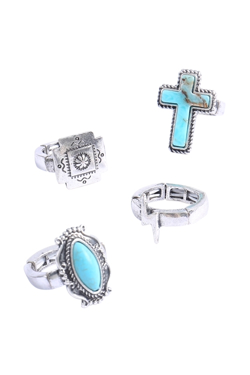 A1-2-2-AR0599SBTQ - WESTERN CONCHO SEMI STONE CROSS TEXTURED RING SET-BURNISH SILVER TURQUOISE/1PC (NOW $6.50 ONLY!)