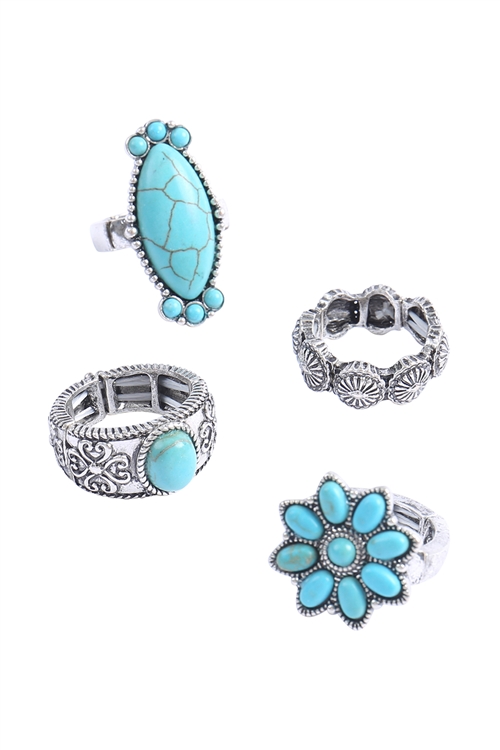 A1-2-2-AR0600SBTQ - WESTERN CONCHO SEMI STONE FLOWER OVAL TEXTURED RING SET-BURNISH SILVER TURQUOISE/1PC (NOW $6.50 ONLY!)