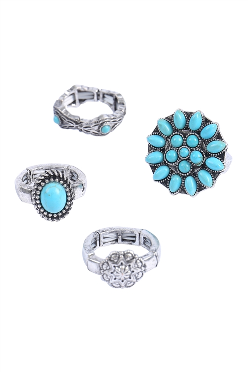 A1-2-2-AR0601SBTQ - WESTERN CONCHO SEMI STONE FLOWER TEXTURED RING SET-SILVER BURNISH TURQUOISE/1PC (NOW $6.50 ONLY!)