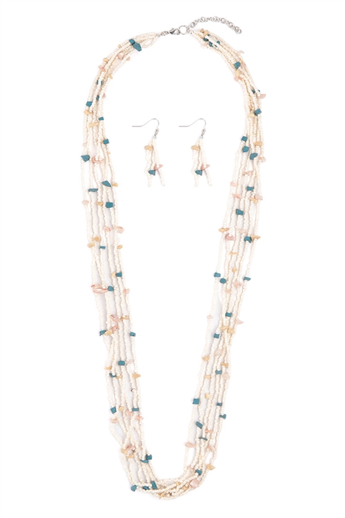 A1-2-4-AS6794-IVMT - SEED BEAD MULTI LAYERED STATEMENT NECKLACE AND EARRING SET-IVORY MULTICOLOR/1PC