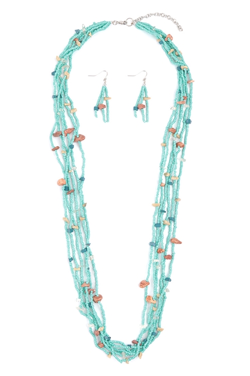 A1-2-4-AS6794-TQMT - SEED BEAD MULTI LAYERED STATEMENT NECKLACE AND EARRING SET-TURQUOISE MULTICOLOR/1PC