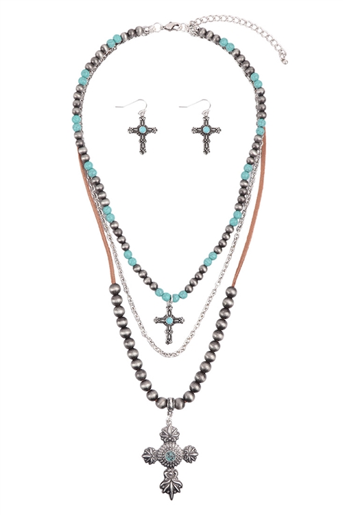 S6-6-2-AS6830-SBTQ - WESTERN NAVAJO  PEARL  LAYERED CROSS PENDANT  NECKLACE AND EARRING SET - SILVER TURQUOISE /3PCS