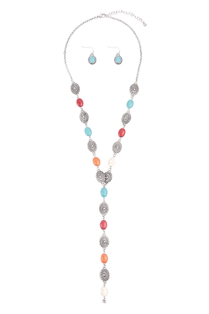 S6-6-2-AS6845-SBMT - WESTERN CONCHO SEMI  STONE LARIAT Y NECKLACE AND EARRING SET-SILVER BURNISH MULTI/1PC