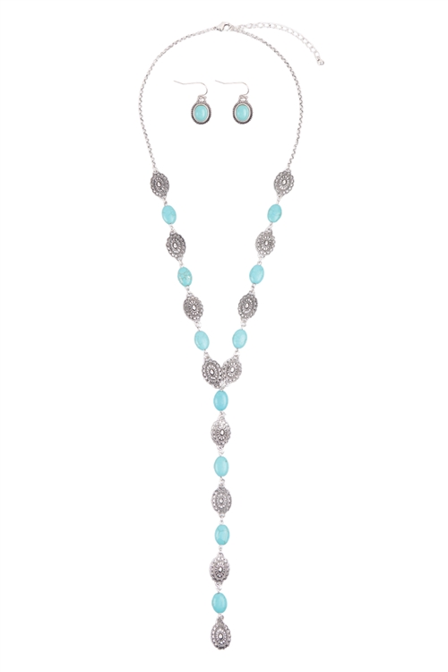 S6-6-2-AS6845-SBTQ - WESTERN CONCHO SEMI  STONE LARIAT Y NECKLACE AND EARRING SET-SILVER BURNISH TURQUOISE/1PC